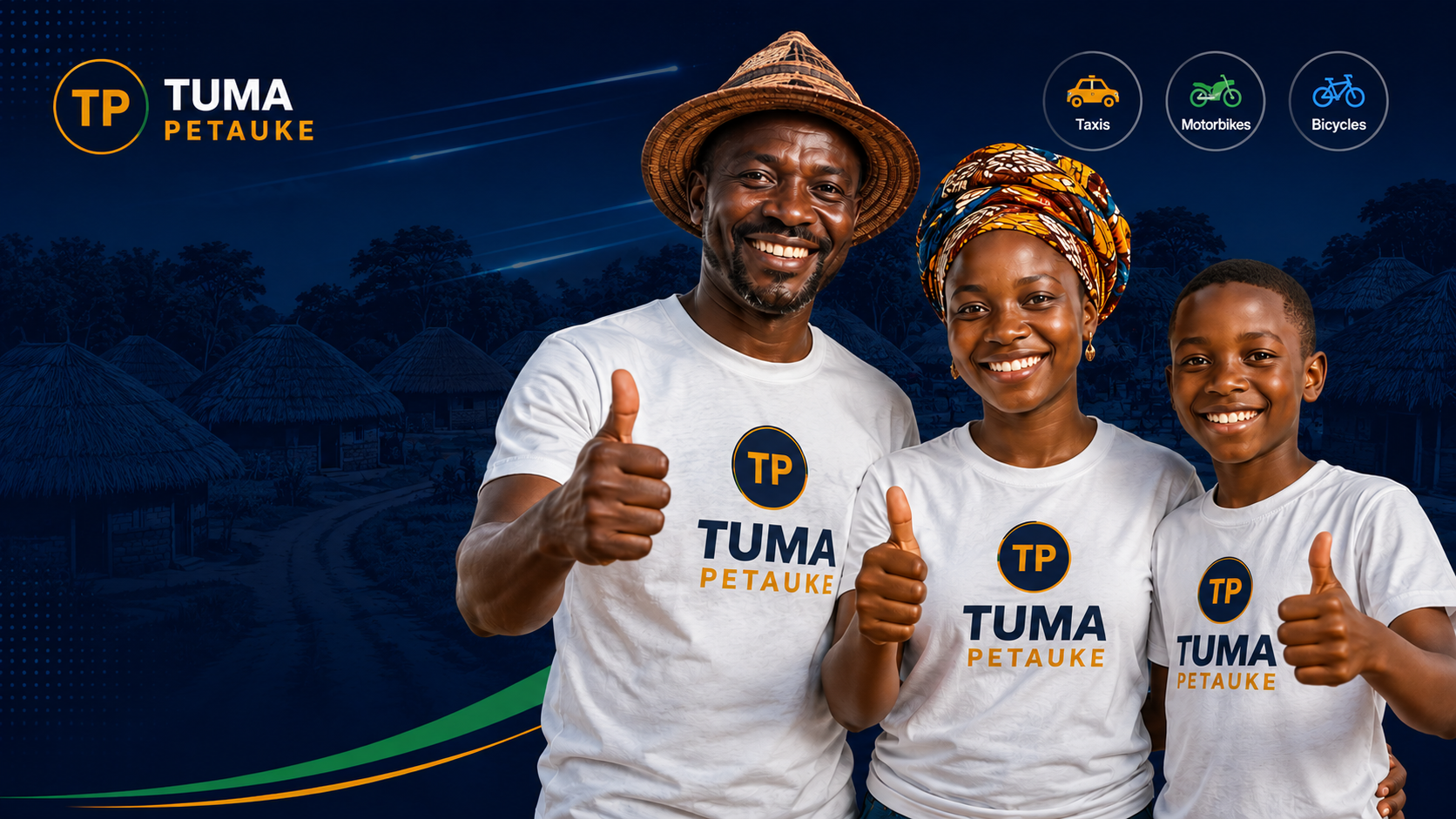 Tuma Petauke promotional banner showing local residents with taxi, motorbike, bicycle, goods and vehicle hire icons